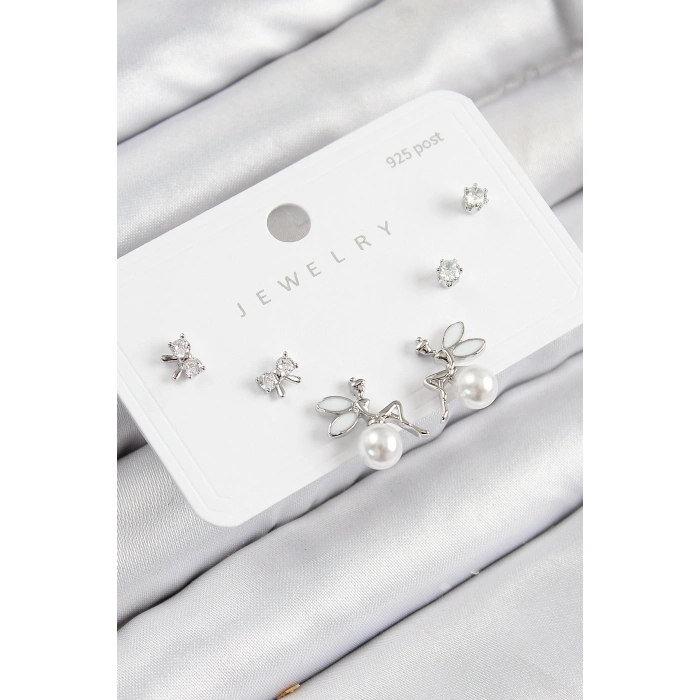 Pirinç Zirkon Taşlı İnci Melek Model Gümüş Renk 925 Ayar Gümüş Çivi Kadın Küpe Set