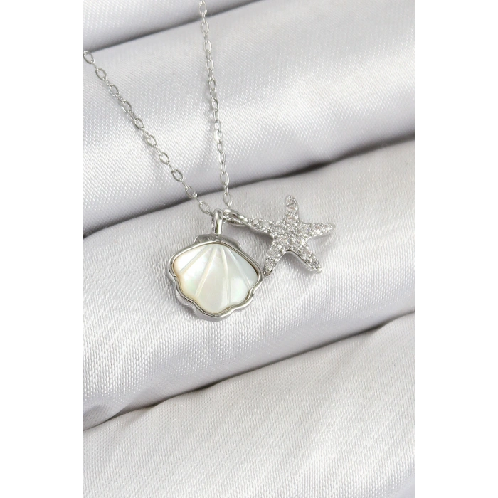 Pirinç Zirkon Taşlı İstiridye Ve Deniz Yıldızı Model Gümüş Renk Kadın Kolye