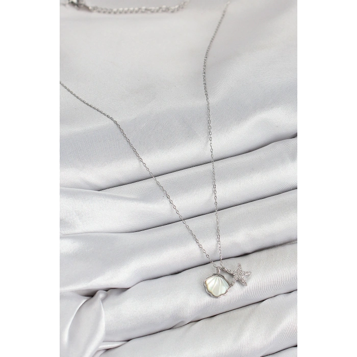 Pirinç Zirkon Taşlı İstiridye Ve Deniz Yıldızı Model Gümüş Renk Kadın Kolye