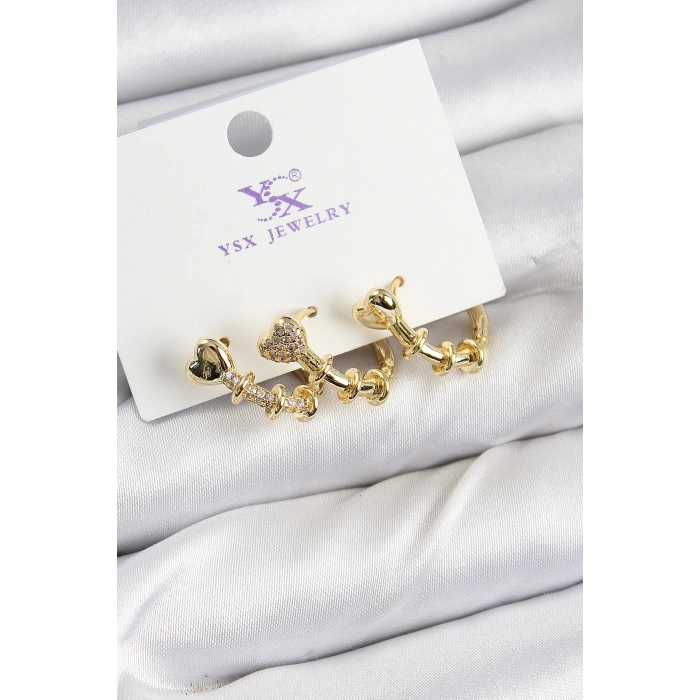 Pirinç Zİrkon Taşlı Kalp Model Gold Renk 3lü Kadın Küpe