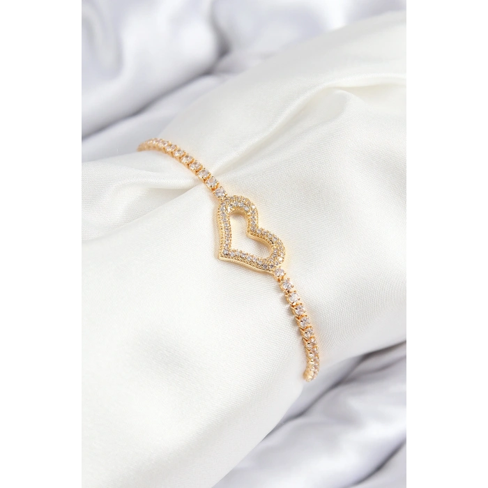 Pirinç Zirkon Taşlı Kalp Model Gold Renk Asansörlü Kadın Bileklik