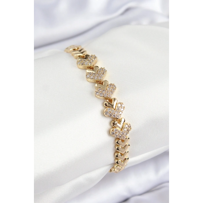 Pirinç Zirkon Taşlı Kalp Model Gold Renk Kadın Bileklik