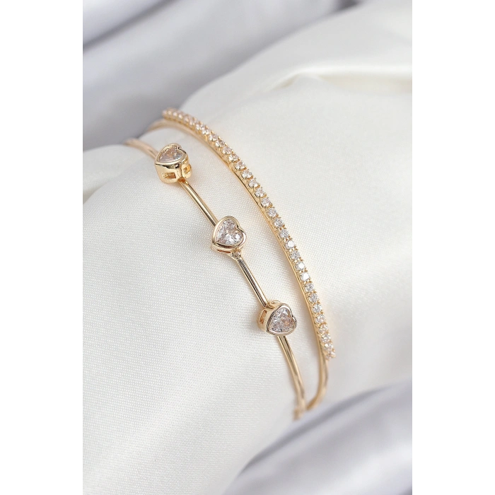 Pirinç Zirkon Taşlı Kalp Model Gold Renk Kadın Bileklik