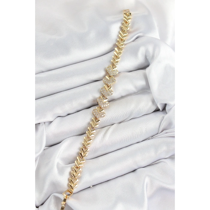 Pirinç Zirkon Taşlı Kalp Model Gold Renk Kadın Bileklik
