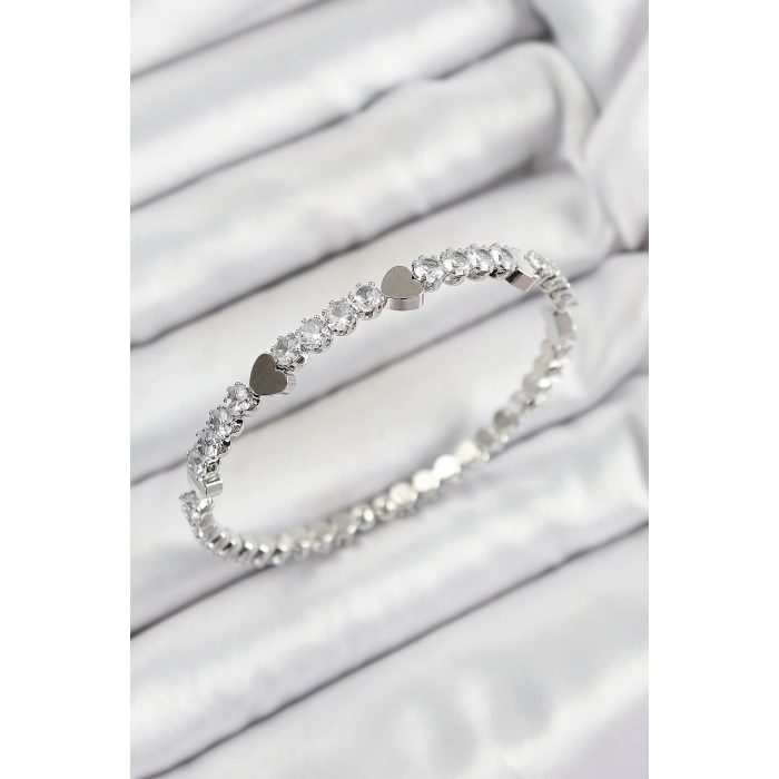 Pirinç Zirkon Taşlı Kalp Model Gümüş Renk Yaylı Kadın Bileklik