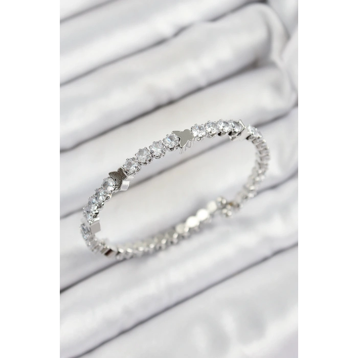 Pirinç Zirkon Taşlı Kalp Model Gümüş Renk Yaylı Kadın Bileklik