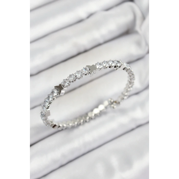 Pirinç Zirkon Taşlı Kalp Model Gümüş Renk Yaylı Kadın Bileklik