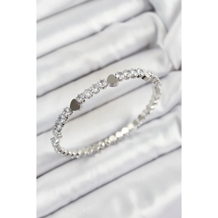 Pirinç Zirkon Taşlı Kalp Model Gümüş Renk Yaylı Kadın Bileklik