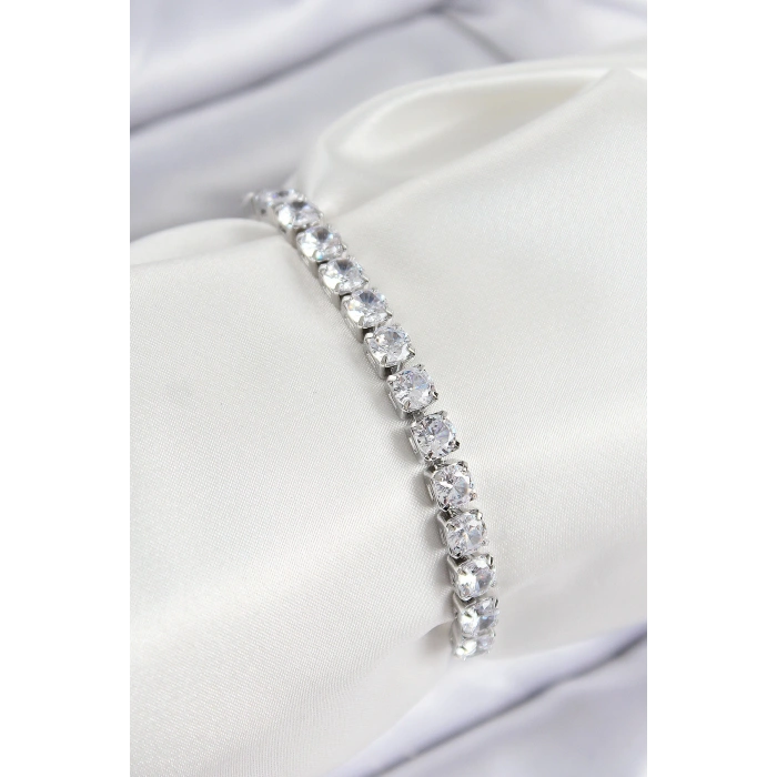 Pirinç Zirkon Taşlı Kare Model Gümüş Renk Asansörlü Kadın Bileklik