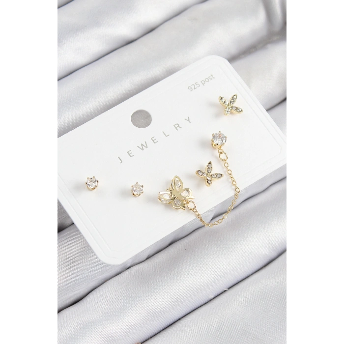 Pirinç Zirkon Taşlı Kelebek Model Gold Renk 925 Ayar Gümüş Çivi Kadın Küpe Set