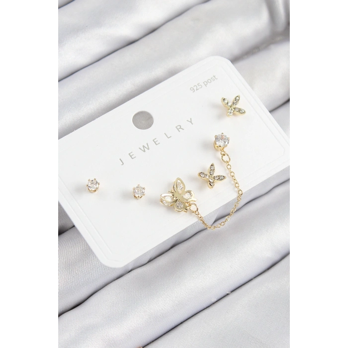 Pirinç Zirkon Taşlı Kelebek Model Gold Renk 925 Ayar Gümüş Çivi Kadın Küpe Set