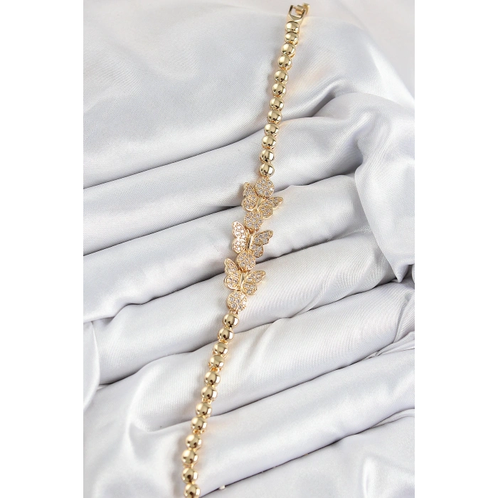 Pirinç Zirkon Taşlı Kelebek Model Gold Renk Kadın Bileklik