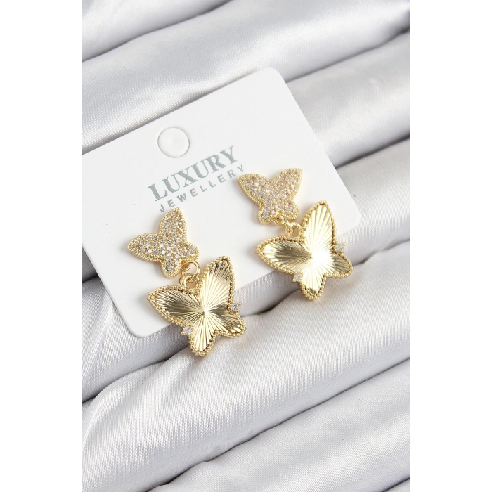 Pirinç Zirkon Taşlı Kelebek Model Gold Renk Kadın Küpe