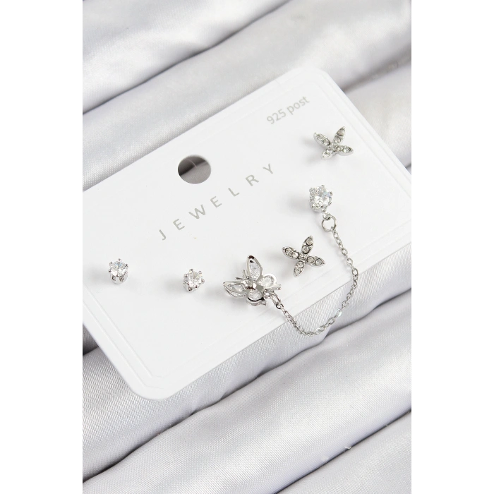 Pirinç Zirkon Taşlı Kelebek Model Gümüş Renk 925 Ayar Gümüş Çivi Kadın Küpe Set