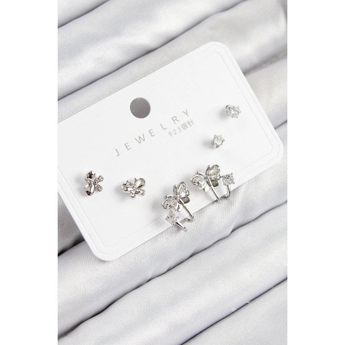 Pirinç Zirkon Taşlı Kelebek Model Gümüş Renk 925 Ayar Gümüş Çivi Kadın Küpe Set