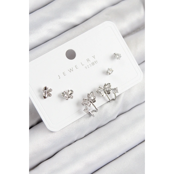 Pirinç Zirkon Taşlı Kelebek Model Gümüş Renk 925 Ayar Gümüş Çivi Kadın Küpe Set