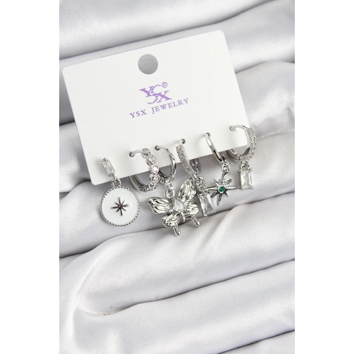 Pirinç Zİrkon Taşlı Kelebek ve Yıldız Model Gümüş Renk 3lü Çift Kadın Küpe