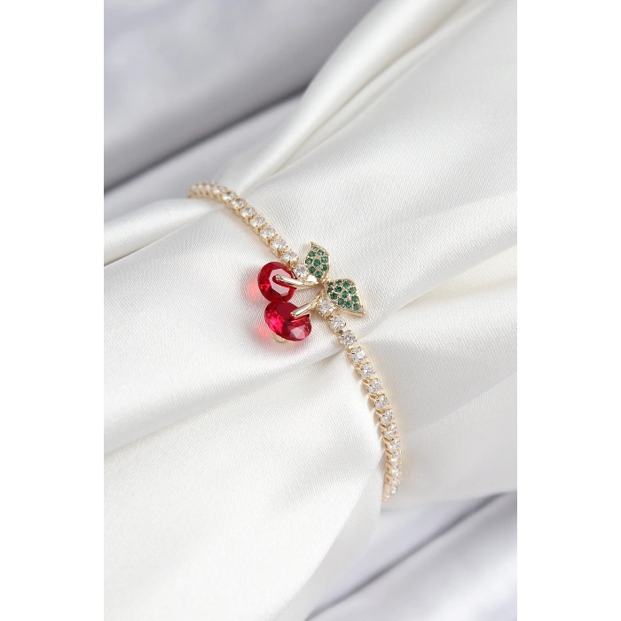 Pirinç Zirkon Taşlı Kiraz Model Gold Renk Asansörlü Kadın Bileklik