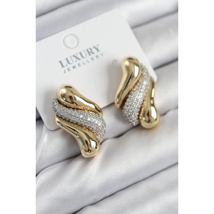 Pirinç Zirkon Taşlı Kıvrım Model Gold Renk Kadın Küpe