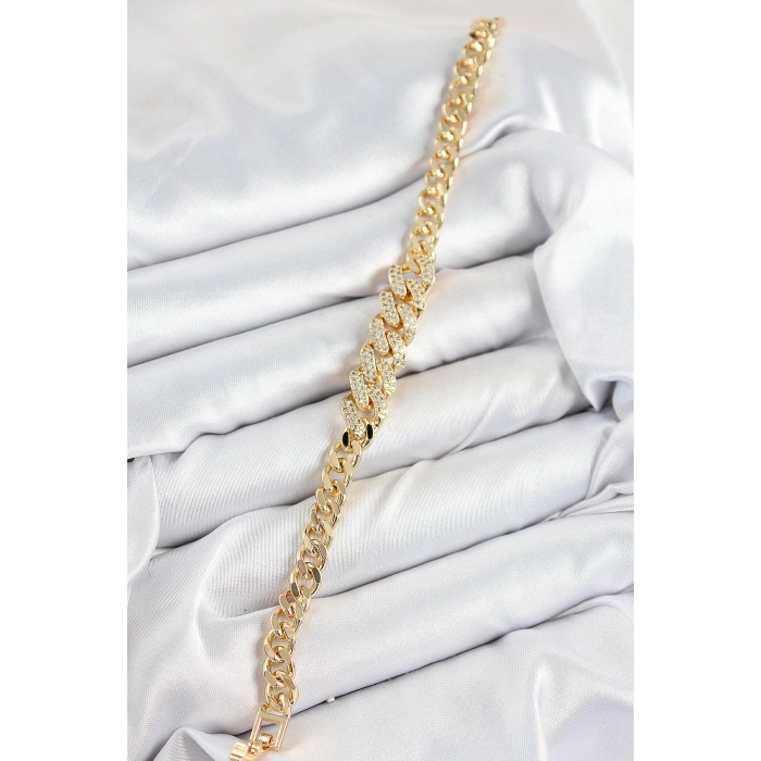 Pirinç Zirkon Taşlı Küba Zincir Model Gold Renk Kadın Bileklik