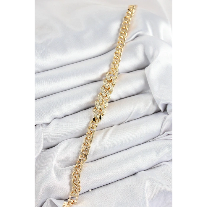 Pirinç Zirkon Taşlı Küba Zincir Model Gold Renk Kadın Bileklik