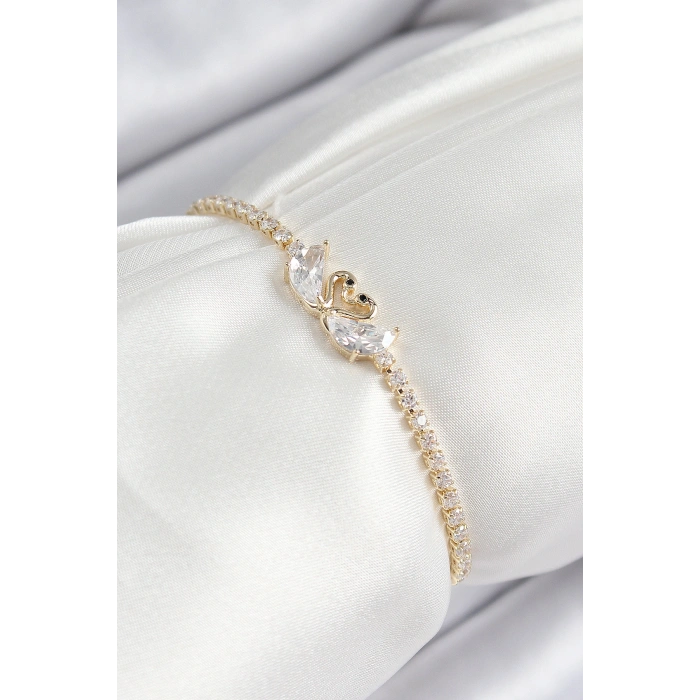 Pirinç Zirkon Taşlı Kuğu Model Gold Renk Asansörlü Kadın Bileklik