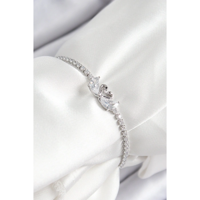 Pirinç Zirkon Taşlı Kuğu Model Gümüş Renk Asansörlü Kadın Bileklik