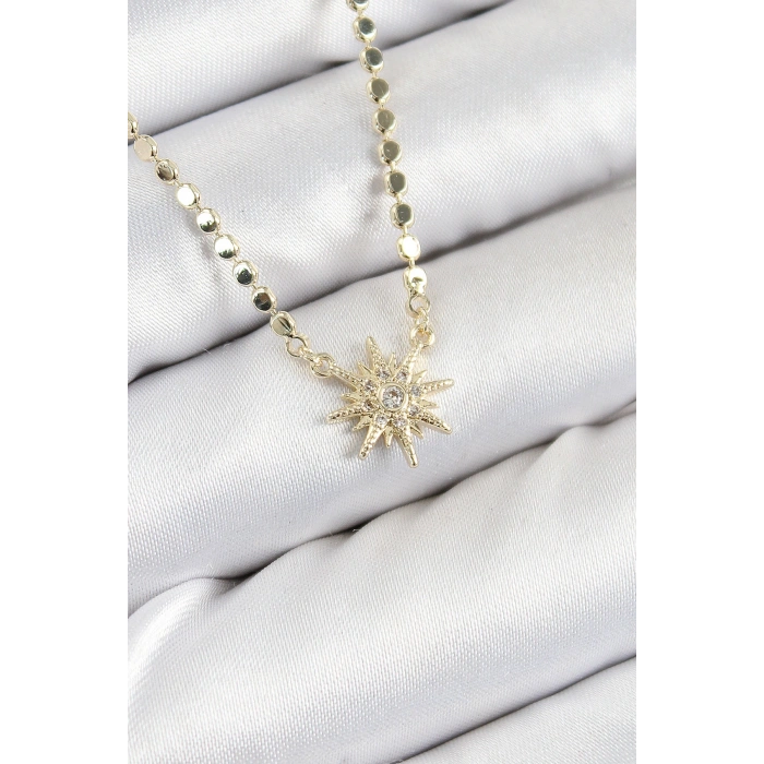 Pirinç Zirkon Taşlı Kutup Yıldızı Model Ezme Zincir Gold Renk Kadın Kolye