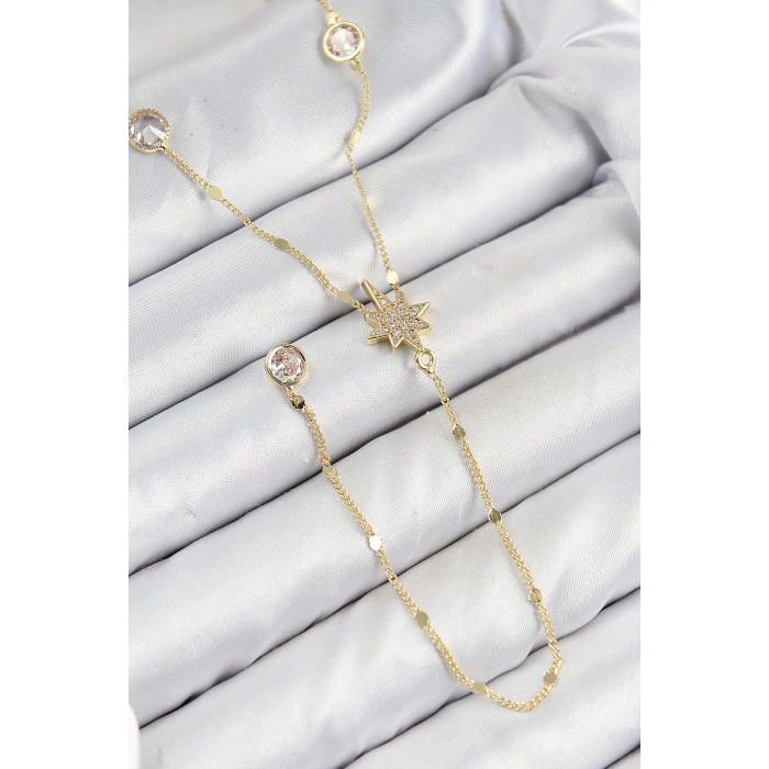 Pirinç Zirkon Taşlı Kutup Yıldızı Model Gold Renk Y Kolye
