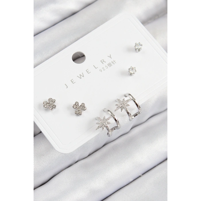 Pirinç Zirkon Taşlı Kutup Yıldızı Model Gümüş Renk 925 Ayar Gümüş Çivi Kadın Küpe Set