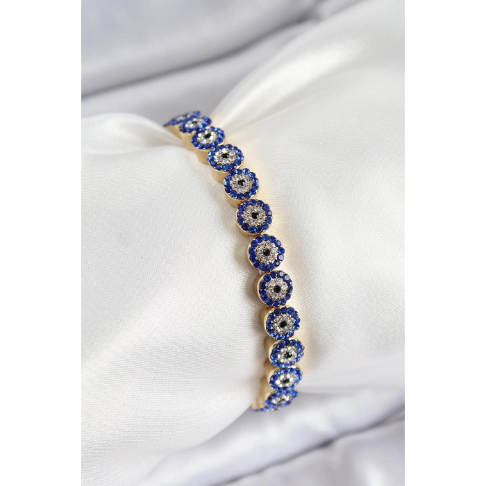 Pirinç Zirkon Taşlı Lacivert Nazar Model Gold Renk Lastikli Kadın Bileklik