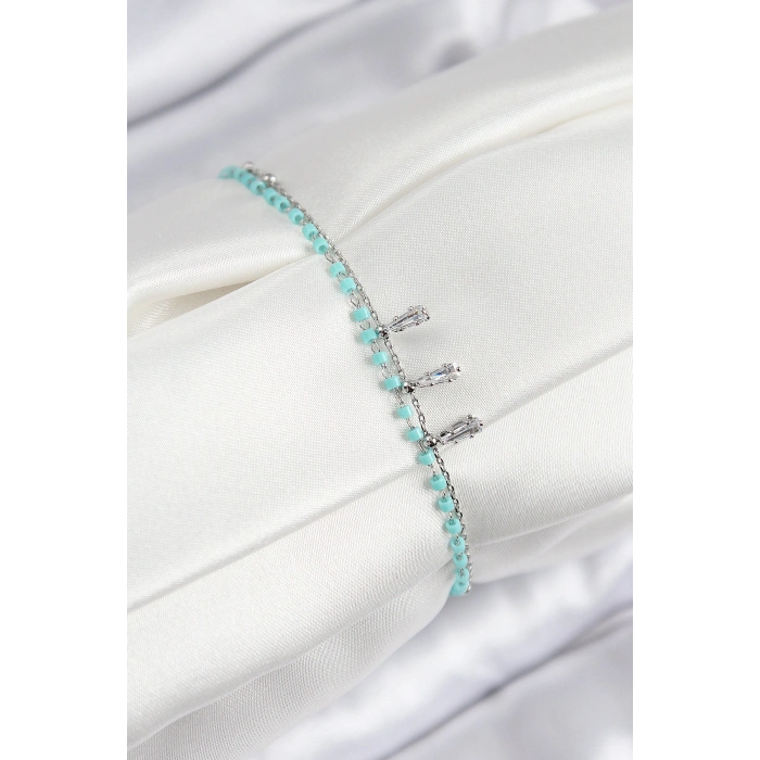 Pirinç Zirkon Taşlı Mavi Boncuklu Model Gümüş Renk Kadın Bileklik