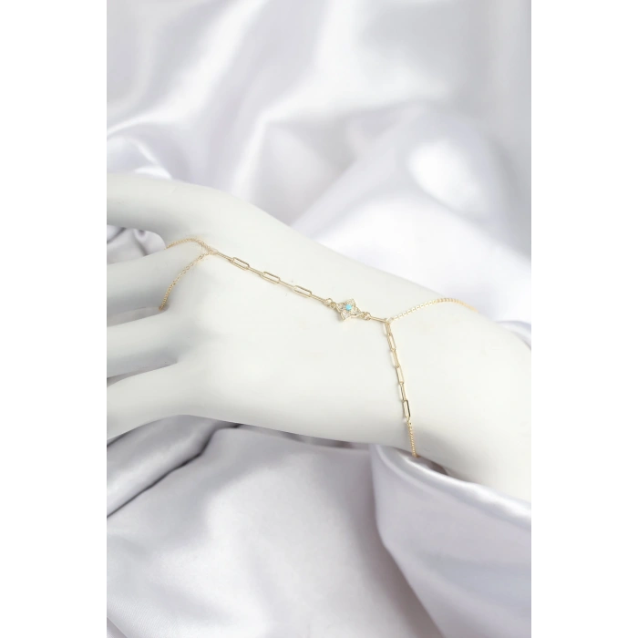 Pirinç Zirkon Taşlı Mavi Boncuklu Yonca Model Gold Renk Şahmeran