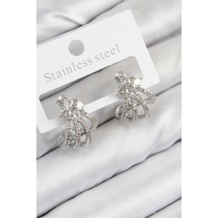 Pirinç Zirkon Taşlı Model Gümüş Renk Kadın Küpe