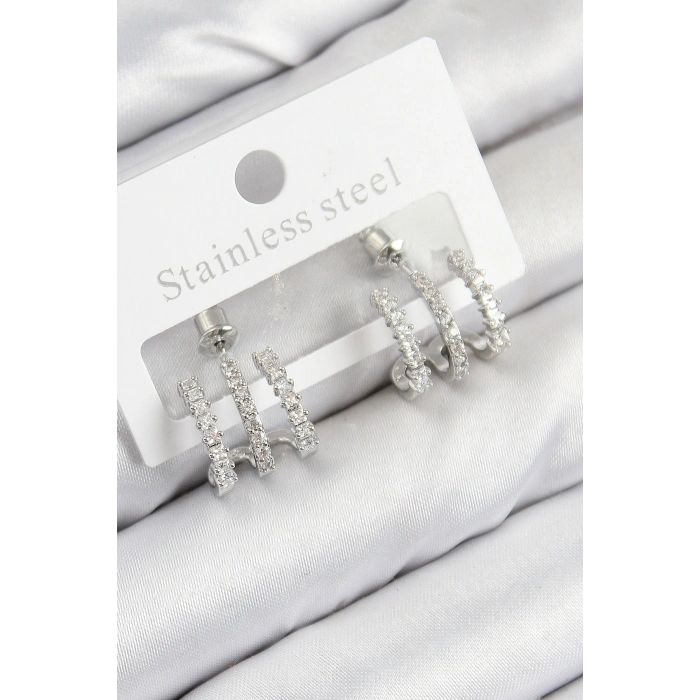 Pirinç Zirkon Taşlı Model Gümüş Renk Kadın Küpe