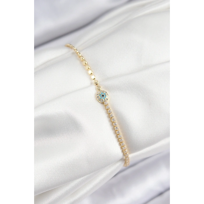 Pirinç Zirkon Taşlı Nazar Model Ezme Zincir Gold Renk Kadın Bileklik