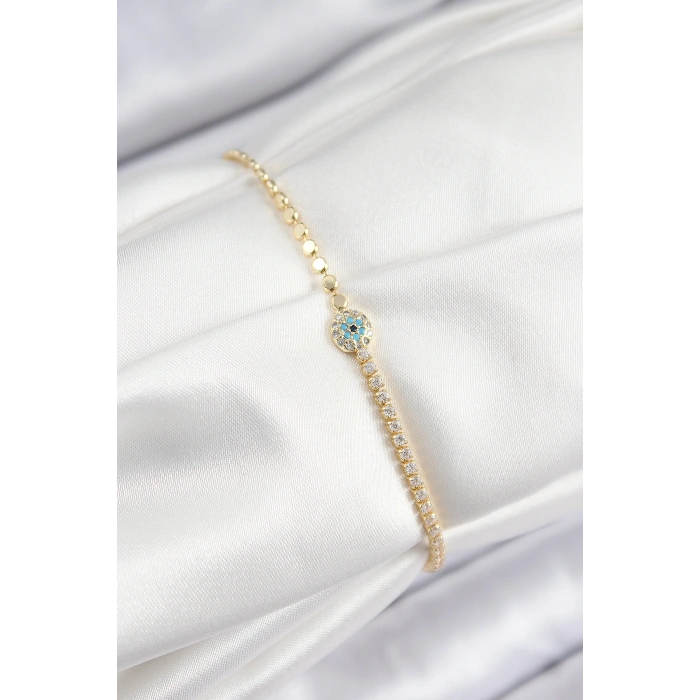 Pirinç Zirkon Taşlı Nazar Model Ezme Zincir Gold Renk Kadın Bileklik