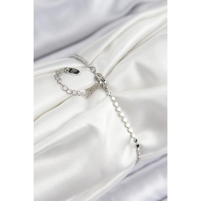 Pirinç Zirkon Taşlı Nazar Model Ezme Zincir Gümüş Renk Kadın Bileklik