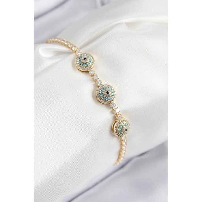 Pirinç Zirkon Taşlı Nazar Model Gold Renk Kadın Bileklik