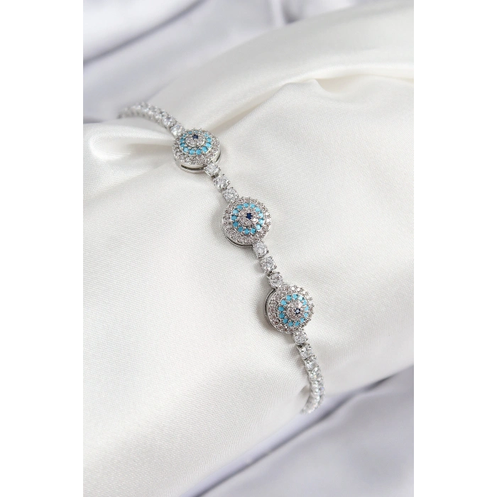 Pirinç Zirkon Taşlı Nazar Model Gümüş Renk Kadın Bileklik