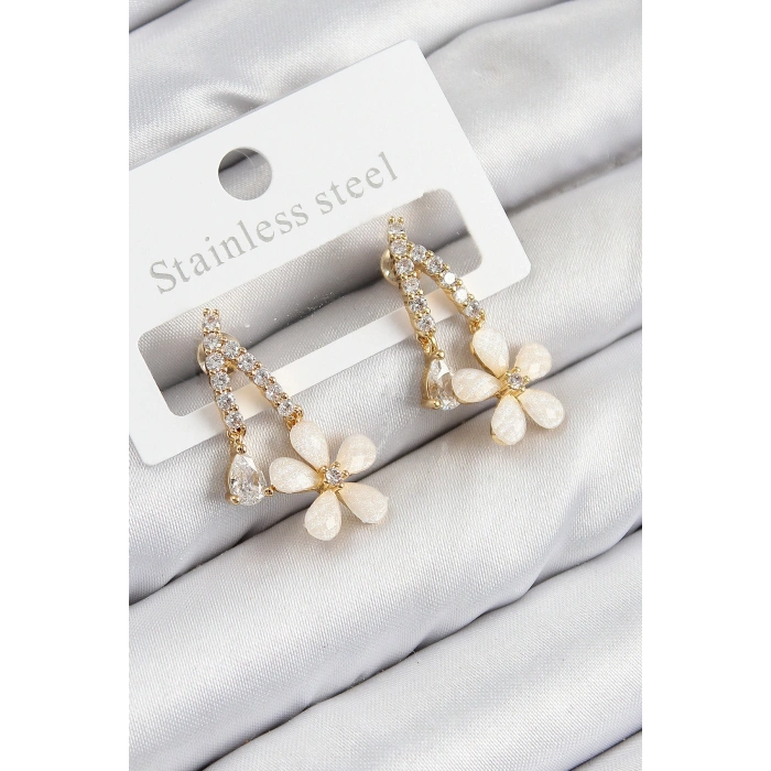 Pirinç Zirkon Taşlı Papatya Model Gold Renk Kadın Küpe