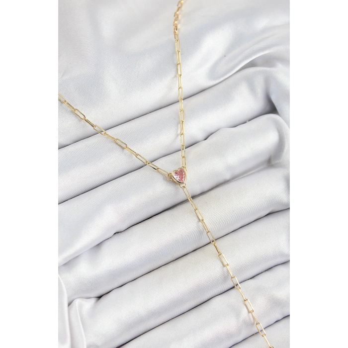 Pirinç Zirkon Taşlı Pembe Kalp Figürlü Y Model Gold Renk Kadın Kolye