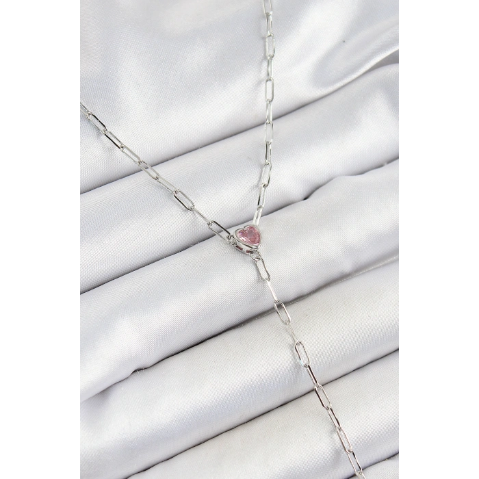 Pirinç Zirkon Taşlı Pembe Kalp Figürlü Y Model Gümüş Renk Kadın Kolye