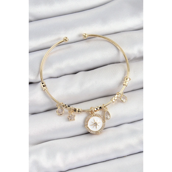 Pirinç Zirkon Taşlı Pusula Model Gold Renk Charm Bileklik