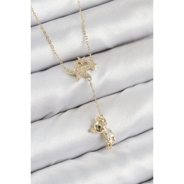 Pirinç Zirkon Taşlı Sallantılı Ayıcıklı Yıldız Model Gold Renk Kadın Kolye