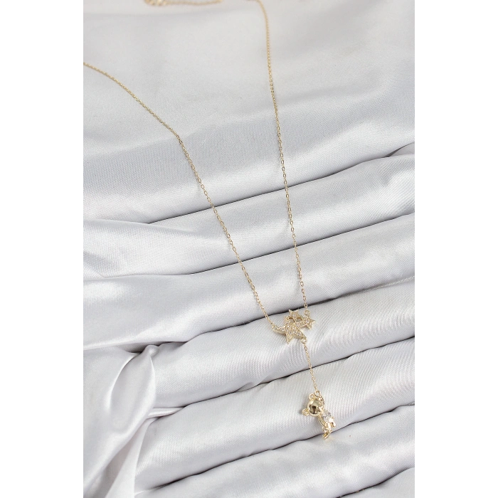 Pirinç Zirkon Taşlı Sallantılı Ayıcıklı Yıldız Model Gold Renk Kadın Kolye