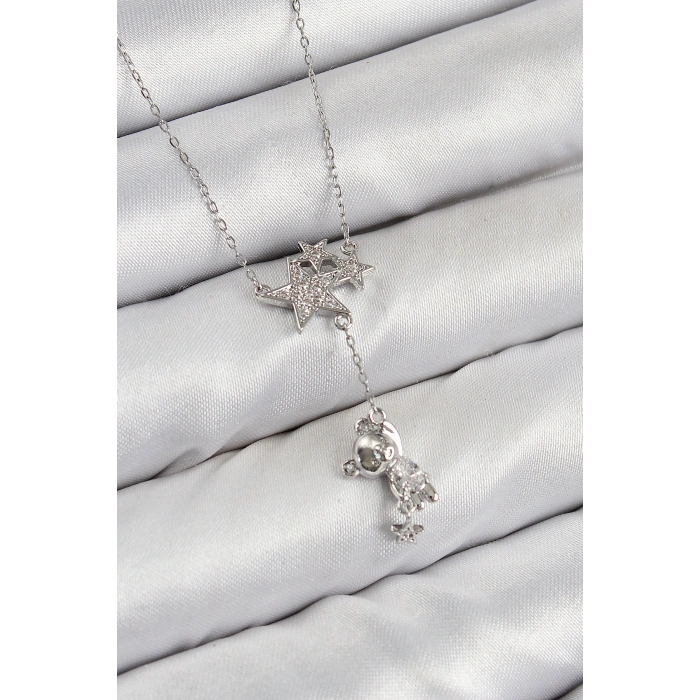 Pirinç Zirkon Taşlı Sallantılı Ayıcıklı Yıldız Model Gümüş Renk Kadın Kolye