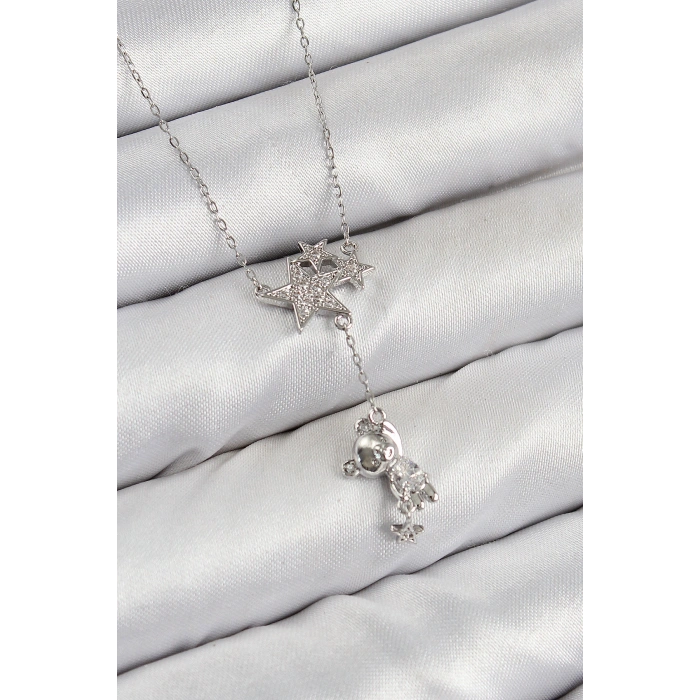 Pirinç Zirkon Taşlı Sallantılı Ayıcıklı Yıldız Model Gümüş Renk Kadın Kolye