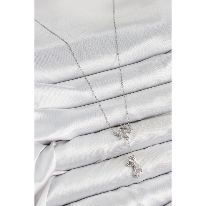 Pirinç Zirkon Taşlı Sallantılı Ayıcıklı Yıldız Model Gümüş Renk Kadın Kolye