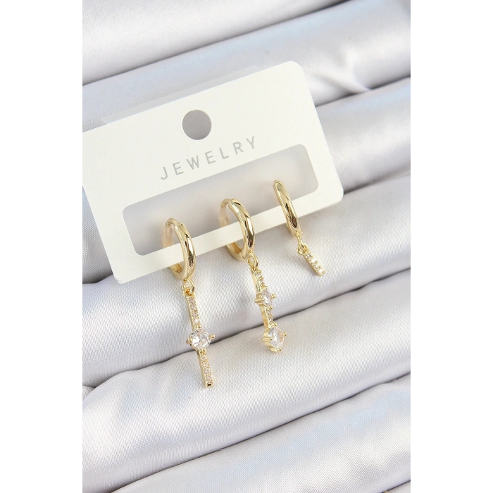 Pirinç Zirkon Taşlı Sallantılı Model Gold Renk 3lü Çift Kadın Küpe Set